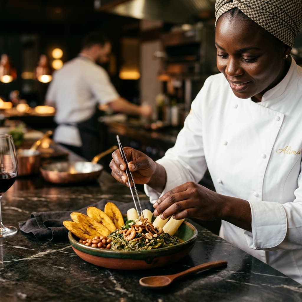A cook in a home kitchen so the host can stay with their people