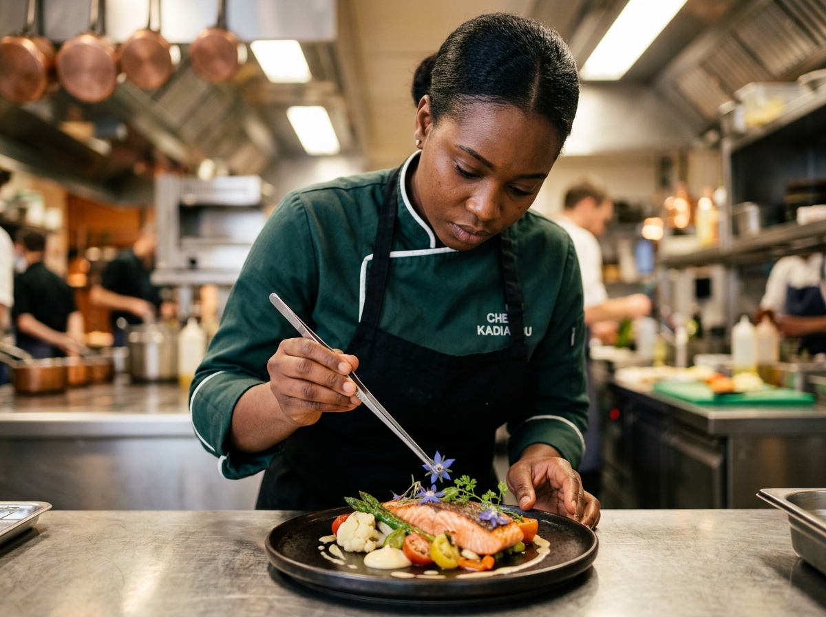 Executive Chef plating a course in a home kitchen