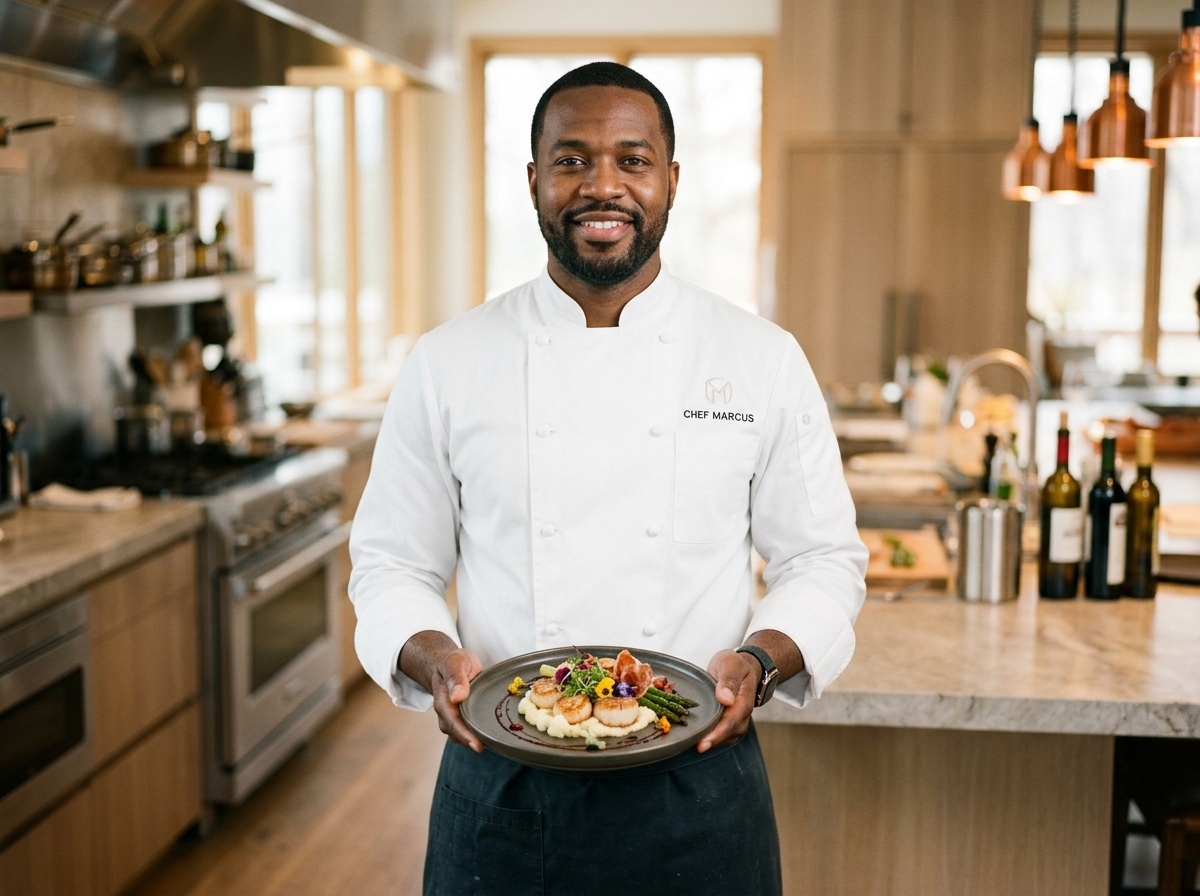 Private chef preparing scheduled meals in a luxury stay kitchen